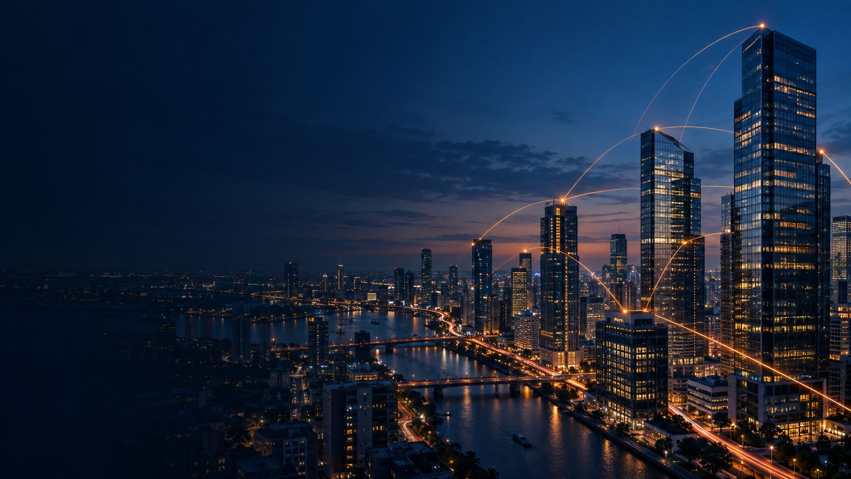 Ciudad contemporánea conectada por trazos de luz que representan la fibra óptica